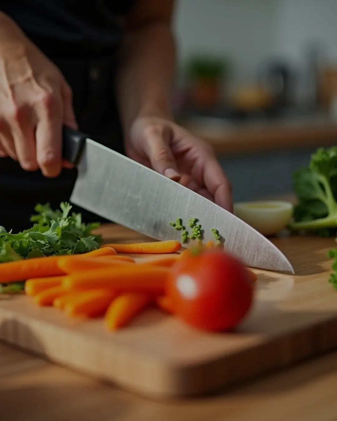 Hand som skär grönsaker med nyslipad kökskniv på skärbräda | Säffle Slipservice
